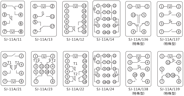 SJ-11A/12集成電路時間繼電器內(nèi)部接線圖及外引接線圖片 SJ-11A/12集成電路時間繼電器內(nèi)部接線圖及外引接線圖片